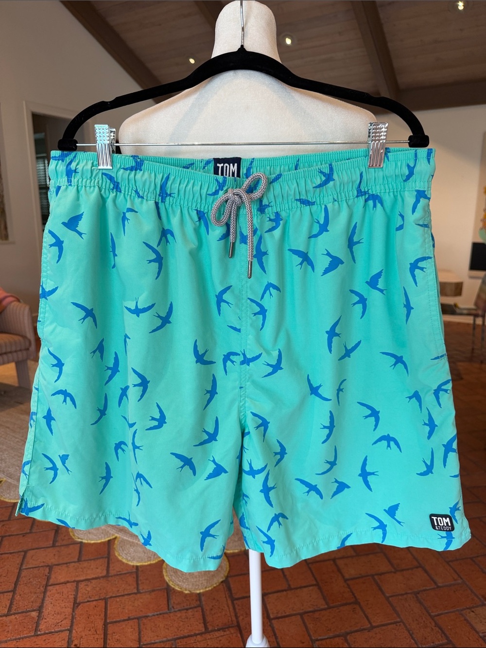 Tom & Teddy - Men’s Bird Print Swim Trunks Shorts - Aqua & Blue - Size: XXL